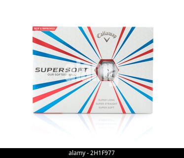 SWINDON, UK - JUNE 7, 2015: Box of Callaway Supersoft Golf Balls on a white background Stock Photo