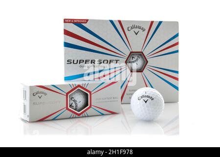 SWINDON, UK - JUNE 3, 2015: Boxs of Callaway Supersoft Golf Balls on a white background Stock Photo