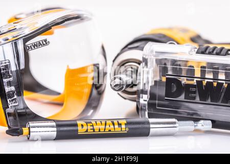 SWINDON, UK - AUGUST 18, 2018: Pair of DeWalt Safety Glasses on a White Background Stock Photo
