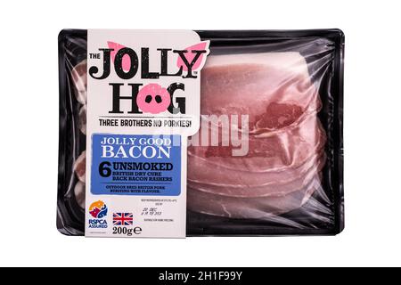 SWINDON, UK - NOVEMBER 18, 2018: The Jolly Hog unsmoked british dry cure back bacon rashers on a white background Stock Photo