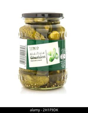 SWINDON, UK - JUNE 14, 2015: Jar of Tesco Whole Pickled Gherkins on a White Background Stock Photo