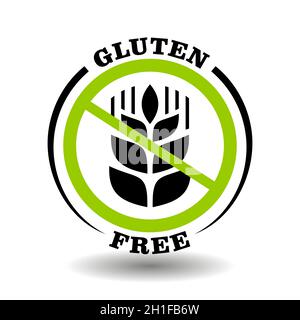 Round icon Gluten free with prohibited wheat ear for healthy food packaging. Circle label with simple corn sign for no gluten meal pictograms Stock Vector