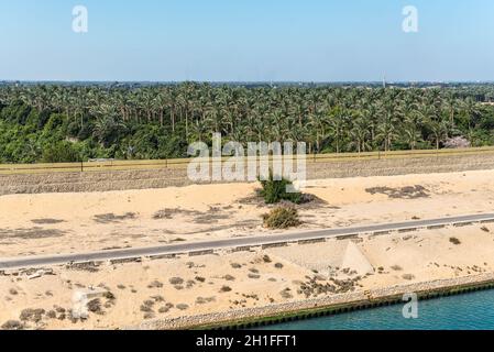 Typical Suez canal landscape, farm land along the canal in Egypt, Africa