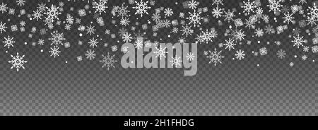 Christmas falling snowfall. Many white cold flaky elements on transparent background Stock Vector
