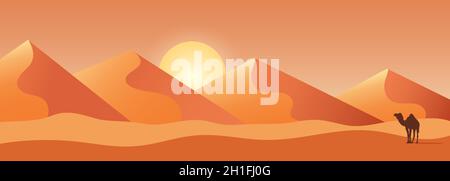 Beautiful sand dune landscape illustration with a camel in the foreground. Sunset landscape. Vector illustration Stock Vector