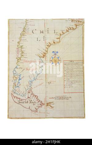 Strait of Magellan map, 1671. Southern tip of South America, discovered in 1530 by Ferdinand Magellan. General Archive of Indies, Seville Stock Photo