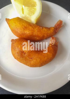 Fried shrimp.Typical spanish tapas seafood. Stock Photo