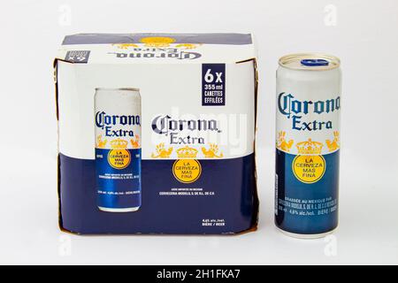 Calgary, Alberta, Canada. June 08, 2020. An isolated Corona Extra Six Pack Box and a Beer Can on a white background. Stock Photo