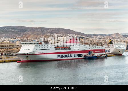 Piraeus, Greece - November 1, 2017: Passenger ferry Knossos Palace of the company Minoan Lines, docked at the port of Piraeus, Greece. Stock Photo