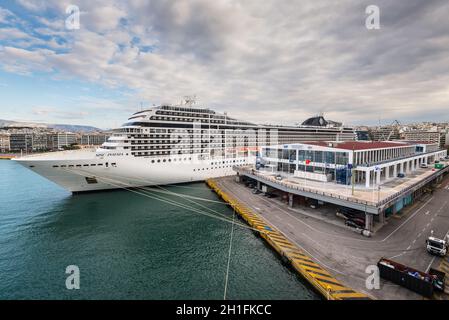 Piraeus, Greece - November 1, 2017: Cruise ship MSC Poesia of the company MSC Cruises, docked at the cruise terminal of the port of Piraeus, Greece. Stock Photo