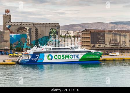 Piraeus, Greece - November 1, 2017: Highspeed 7, the fastest passenger vessel of the company Hellenic Seaways, docked at the port of Piraeus, Greece. Stock Photo