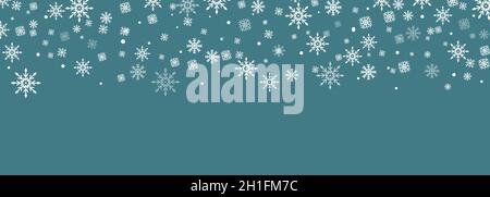 Sky Snowfall Banner. Snowflakes in different shapes and forms. White snowflakes flying in the air. Stock Vector