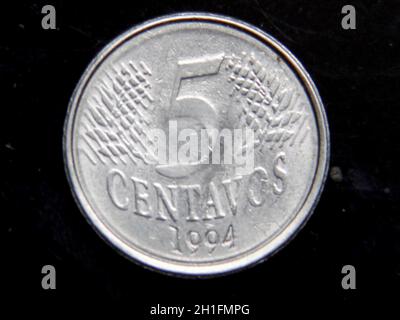 salvador, bahia / brazil - january 19, 2013: Five cents coin (R $ 0.05), Brazilian money. *** Local Caption *** Stock Photo