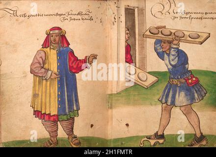 Morisco maid with outdoors attire and worker carriying bread. Draw from Trachtenbuch by Christoph Weiditz, 1530. Nuremberg Germanisches Nationalmuseum Stock Photo