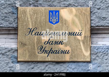 Kyiv, Ukraine - March 1, 2014: Sign on the building of the National Bank of Ukraine in Kiev. Stock Photo