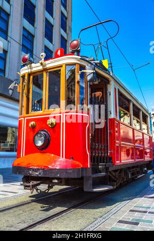 Retro tram on Taksim Istiklal Street  in Istanbul, Turkey in a summer day Stock Photo