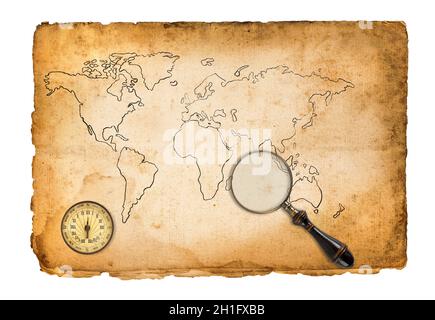 Old map with compass and magnifying glass isolated on white Stock Photo