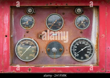 BERLIN - APRIL 27, 2019: Special car - Maxim Fire Truck. Pressure gauges and tachometer and other fire pump monitoring instruments. Stock Photo