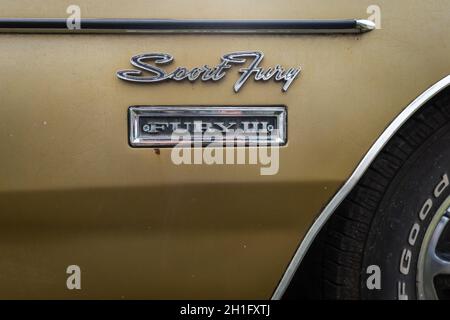 BERLIN - APRIL 27, 2019: Emblem of the full-size car Plymouth Sport Fury III, 1968 Stock Photo