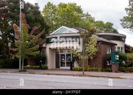 Woodinville, WA USA - circa September 2021: Street view of a Washington Federal Bank on an overcast day. Stock Photo