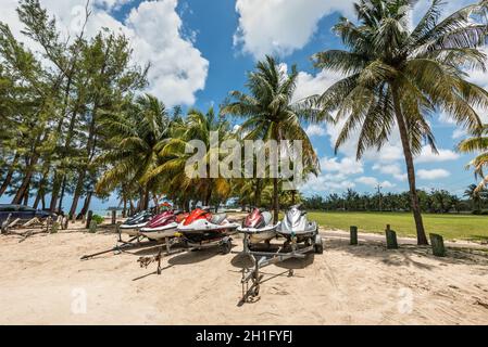 Nassau, Bahamas - May 3, 2019: Jet skis (water scooter, personal watercraft) on the Goodman's Bay Park. Goodman's Bay is a public beach in the east of Stock Photo