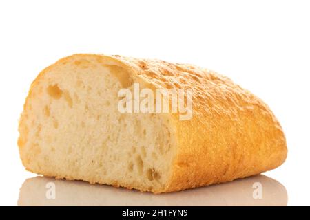 One half fresh aromatic ciabatta, close-up, isolated on white. Stock Photo