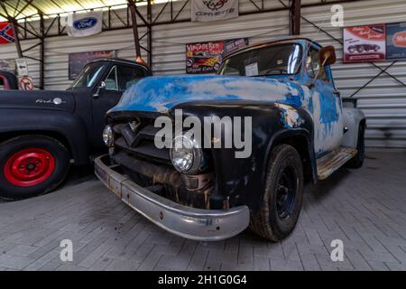 BERLIN - MAY 05, 2018: Full-size pickup truck Ford F-100 Blue Patina (second generation), 1955. Stock Photo