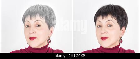 Head of a senior woman with gray hair. Hair coloring. Before and after concept. Stock Photo