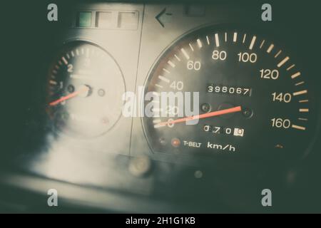 Color close up shot of a blue speedometer on a vintage car's dashboard. Stock Photo