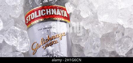 POZNAN, POL - MAY 28, 2020: Bottle of Stolichnaya, popular brand of Russian vodka made of wheat and rye grain Stock Photo
