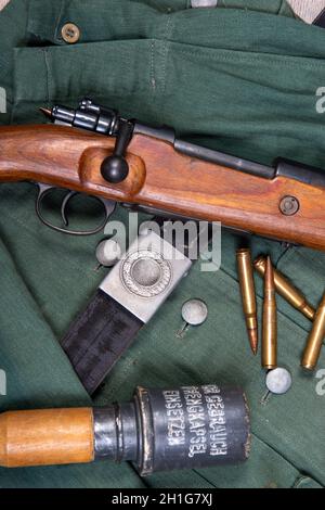 a vintage background with german army field equipment. ww2 Stock Photo