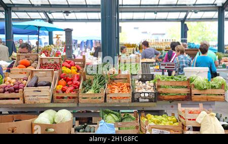 Rovinj, Croatia - October 16, 2014: Vegetables Produce in Crates at Local Farmers Market in Rovinj, Croatia. Stock Photo