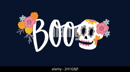 Dia de Los Muertos web banner. Mexican Day of the Dead, Halloween greeting card, invitation. Ornamental skull decor. Tagetes flowers. Hand lettered Stock Vector