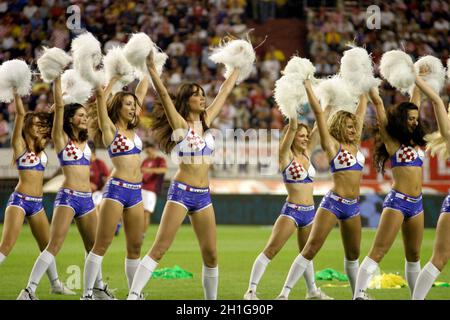 Split, Croatia - 17 August, 2005: Cheerleaders on the football playground performing during the friendly football game Croatia - Brazil Stock Photo