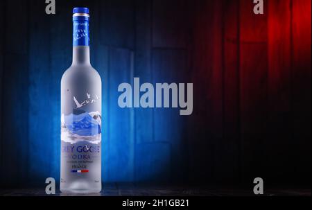 POZNAN, POL - JUL 1, 2020: Bottle of Grey Goose, a brand of French vodka created in the 1990s by Sidney Frank, now owned by Bacardi Stock Photo