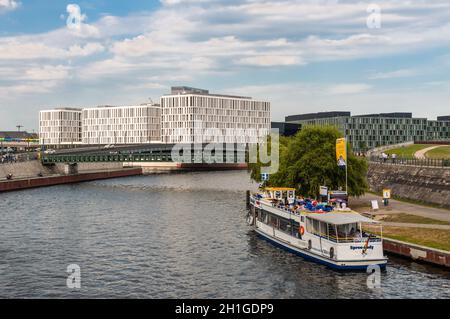 Berlin, Germany - May 28, 2017: Sightseeing boat on the river Spree in Berlin, Germany. Stock Photo