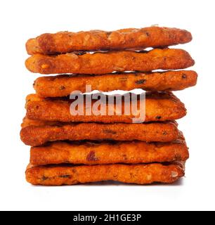 Dried bread crisps isolated on white background Stock Photo