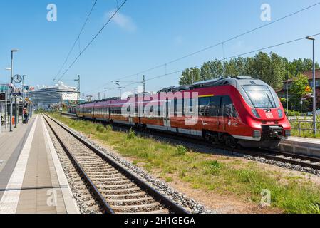 Rostock, Germany - May 26, 2017: Train at the station in Warnemunde, Rostock, Mecklenburg-Western Pomerania, Germany. Stock Photo