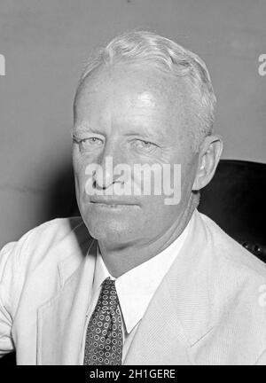 Chester William Nimitz (1885 – 1966) fleet admiral of the United States Navy. He played a major role in the naval history of World War II as Commander in Chief, US Pacific Fleet, and Commander in Chief, Pacific Ocean Areas, commanding Allied air, land, and sea forces during World War II. Stock Photo