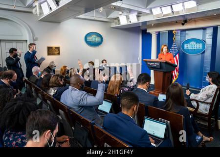 Washington, United States of America. 15 October, 2021. Presidential Press Secretary Jen Psaki answers reporters questions in the James Brady Briefing Room at the White House October 13, 2021 in Washington, D.C.  Credit: Adam Schultz/White House Photo/Alamy Live News Stock Photo