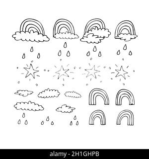 Graphic outline printing sign with rainbow, clouds, stars and rain.  Stock Vector