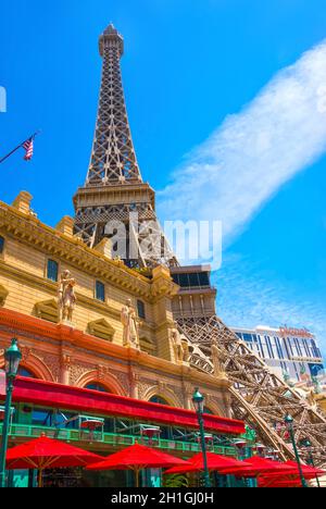 Las Vegas, United States of America - May 05, 2016: Replica Eiffel Tower in Las Vegas with clear blue sky on The Strip, the world famous Las Vegas Bou Stock Photo