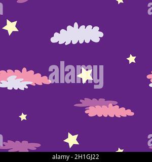 Violet seamless pattern with yellow stars and crimson clouds. Stock Vector