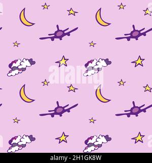 Seamless pattern with moon, stars, plane and clouds. Pink background. Stock Vector