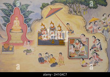 CHIANG RAI,THAILAND - DECEMBER 29, 2016 :  Thai mural painting of Lanna people life in the past on temple wall of Wat Phra Singh in Chiang Rai, Thaila Stock Photo