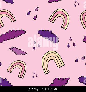 Seamless pattern with rainbow, rain and clouds. Pink background. Stock Vector