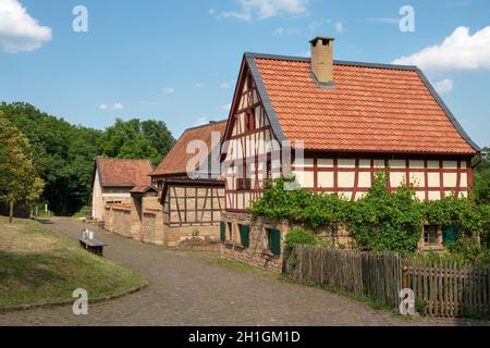 BAD SOBERNHEIM, GERMANY - JUNE 26, 2020: Panoramic image of old half-timber houses, village outdoor museum in Bad Sobernheim on June 26, 2020 in Germa Stock Photo