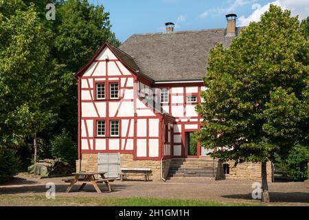 BAD SOBERNHEIM, GERMANY - JUNE 26, 2020: Panoramic image of old half-timber houses, village outdoor museum in Bad Sobernheim on June 26, 2020 in Germa Stock Photo