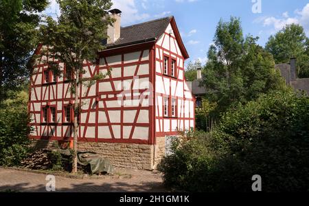 BAD SOBERNHEIM, GERMANY - JUNE 26, 2020: Panoramic image of old half-timber houses, village outdoor museum in Bad Sobernheim on June 26, 2020 in Germa Stock Photo