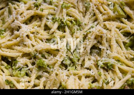 Close-up of some trofies with broccoli and cheese, vegetarian Italian pasta recipe for background or texture on European cuisine Stock Photo